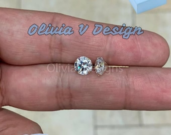 14K Solid Yellow Gold Brilliant Bright Round AAA CZ Stud Earrings Sizes 3MM 4MM 5MM 6MM 7MM 8MM Martini Setting - Real Gold - Sold In Pairs