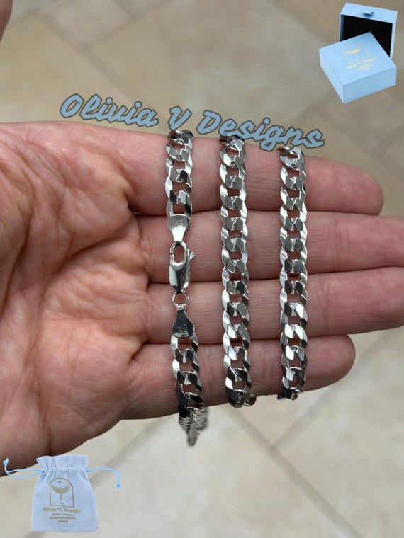 スターリングシルバー キューバンチェーンブレスレットネックレス：7mm 
