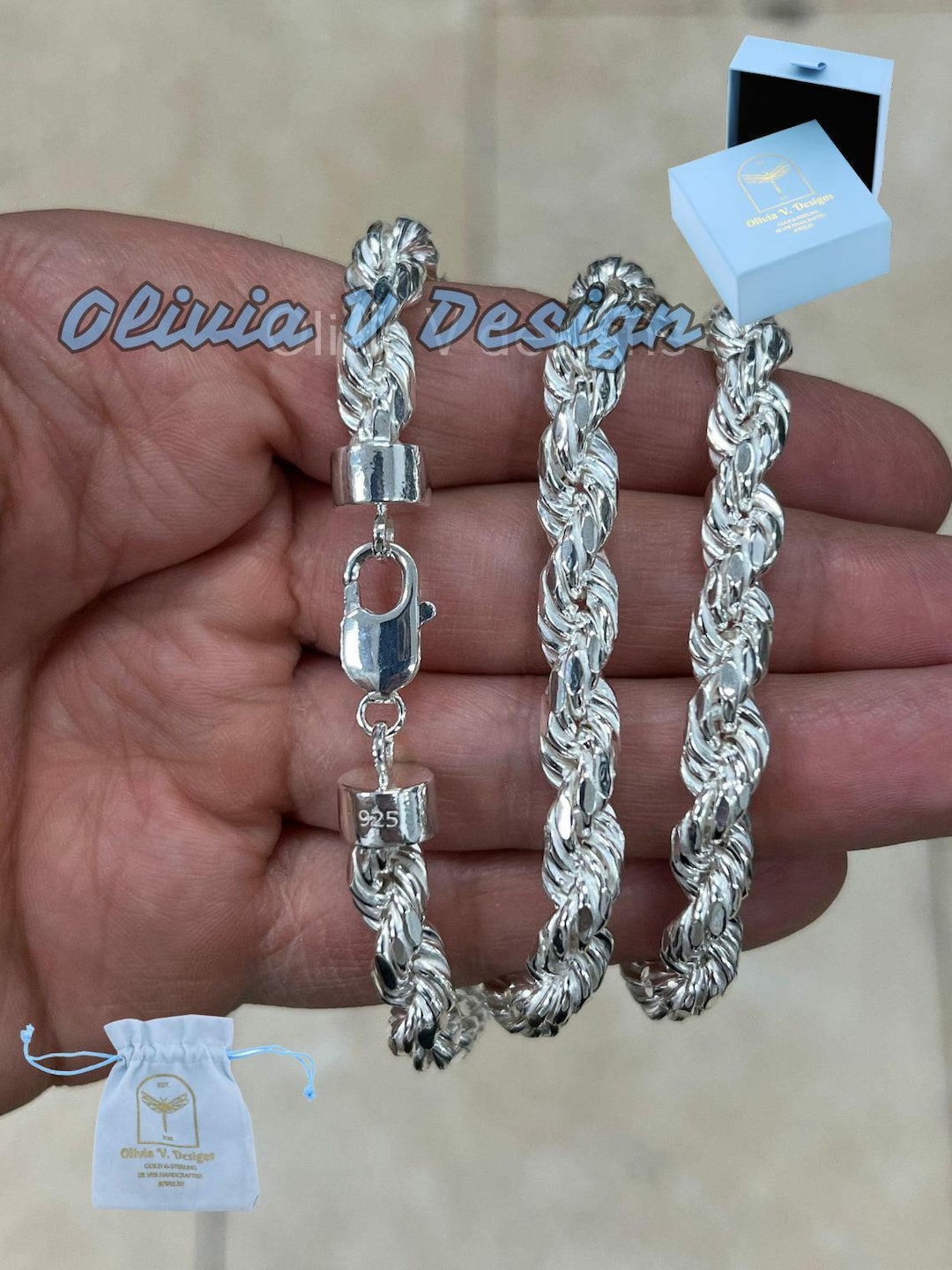 925 Sterling Silver Rope Chain Necklace 8mm, Lobster Clasp, New