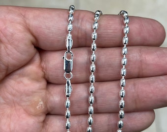 Solid 925 Sterling Silver Italian Oval Bead Chain 3mm Necklace, Made in Italy Chains For Men, Necklace for Charms, Dog Tag Necklace