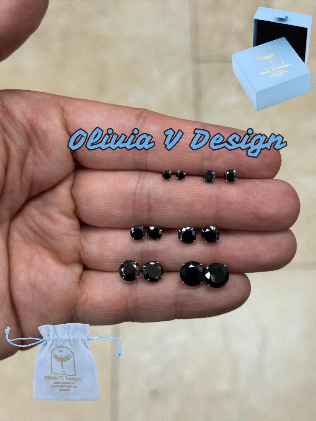 直観　Intuition インスタントカード 14K White Gold Black Onyx Round Solitaire Stud Earrings