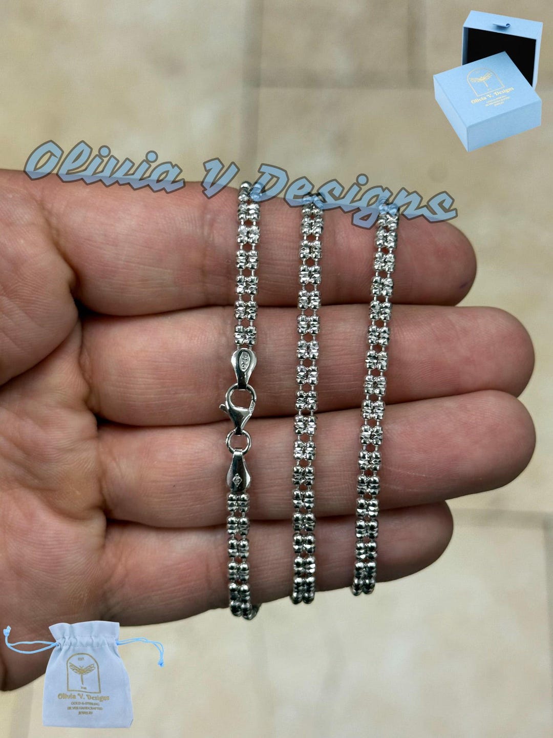 4mm Diamond-cut Ice Link Chain Rhodium Plated Sterling Silver 925 Italy ...