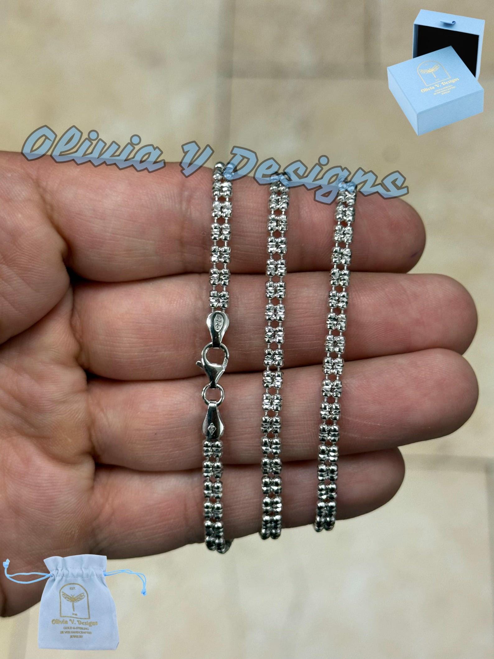 4mm Diamond-cut Ice Link Chain Rhodium Plated Sterling Silver 925
