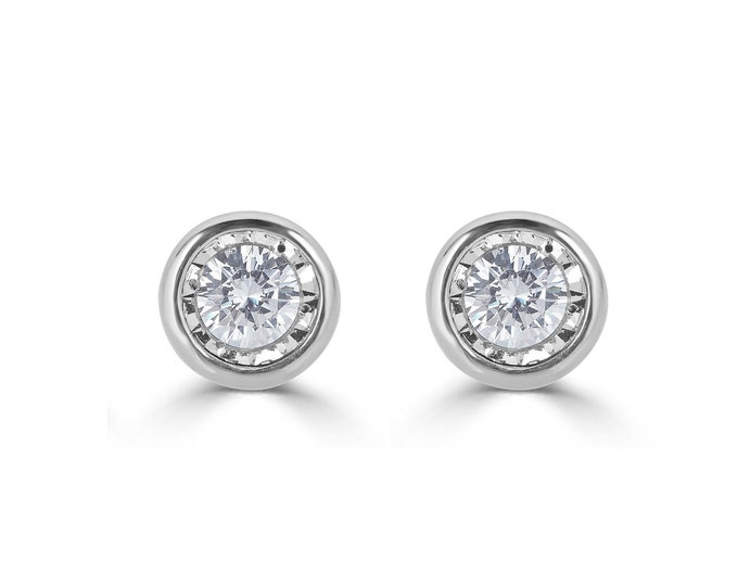 14K White Gold Studs, Diamond Cut Flat Back Ball Stud Earrings 3mm, 4mm