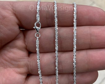 925 Sterling Silver Sparkle Glitter Margarita Twisted Rock Chain 2.5mm Necklace, Real 925 Sterling Silver, Diamond Cut, Sale, Made In Italy