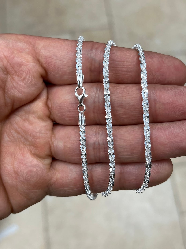 925 Sterling Silver Sparkle Glitter Margarita Twisted Rock Chain 3mm Necklace, Real 925 Sterling Silver, Diamond Cut, Sale, Made In Italy zdjęcie 2