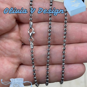 Black & White Moon Cut 925 Sterling Silver Bead Chain - Made In Italy