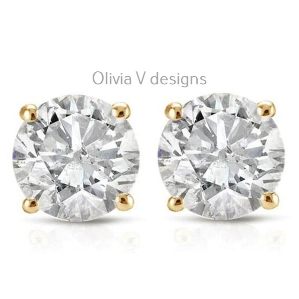 1 Carat TW Real (Natural) Round Diamond Solitaire Stud Earrings in 14K Yellow Gold Color G/H