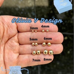 Solid 14K Gold Ball Stud Earrings: 3MM-8MM, Genuine Gold Push Backs