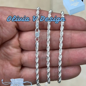 925 Sterling Silver Rope Chain Necklace 3mm, Lobster Clasp, New, Ready To Wear, Made in Italy, Gift, Bridal, Men, Woman, Gift