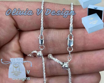 Collar de cadena ajustable de plata de ley con brillo: corte de diamante