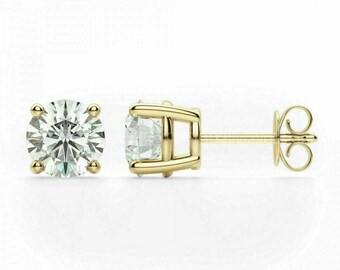 14k Yellow Gold Stud 0.05-8.00 ct. T.W. Round-cut Created Diamond Stud Earrings Solitaire, Push Back, Genuine .925 Sterling Silver