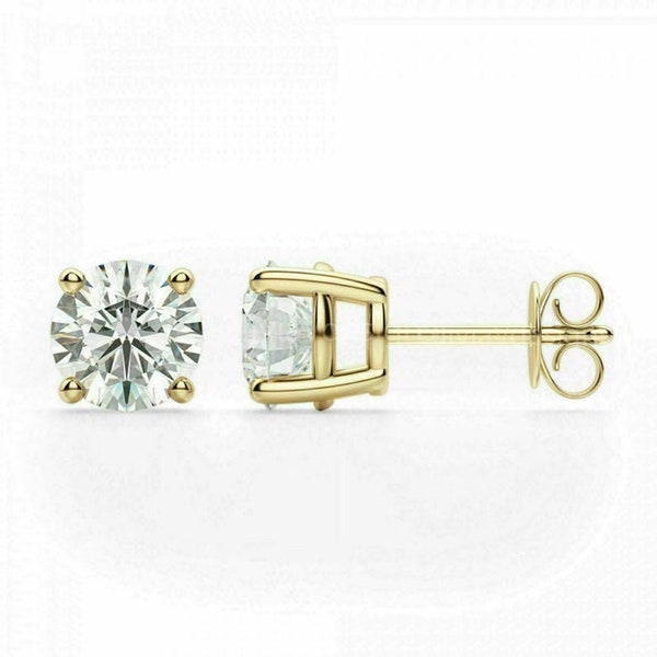 14k Yellow Gold Stud 0.05-8.00 ct. T.W. Round-cut Created Diamond Stud Earrings Solitaire, Push Back, Genuine .925 Sterling Silver