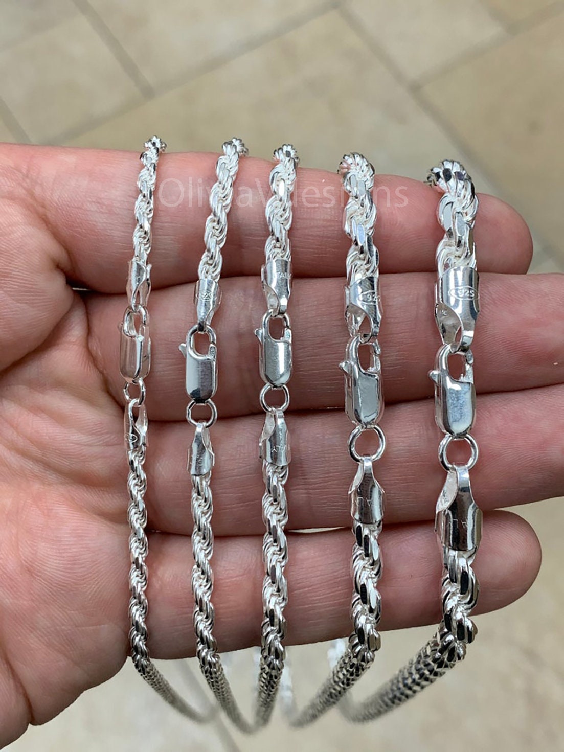 925 Sterling Silver Rope Chain Necklace Italy 1.2mm 1.5mm Etsy