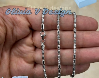 925 Sterling Silver Rhodium 3mm Barrel Beaded Chain Diamond-Cut 20''-30'', Made In Italy
