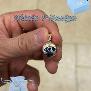 14k Gelbgold griechischen Evil Eye Anhänger, zierlich - Echt 14k Gelbgold - Talisman viel Glück, , Schutz, Diamantschliff, hellblau, 14 mm