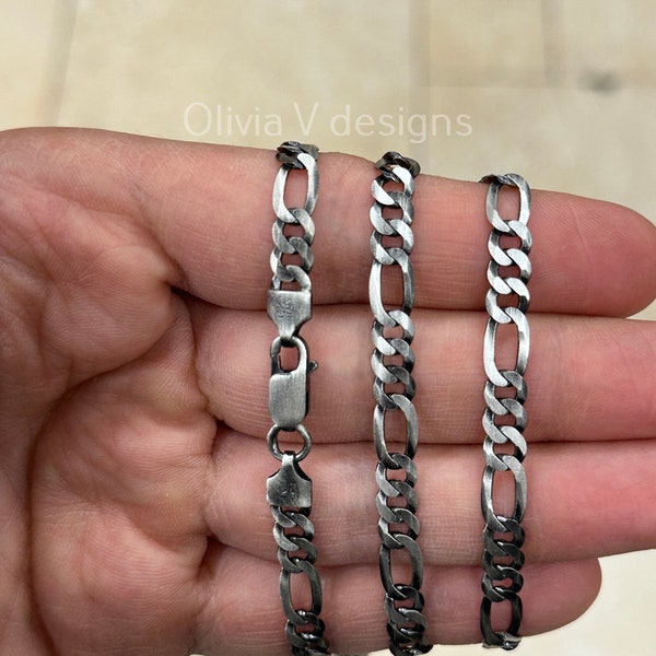 925 Sterling Silver Italian Solid Figaro Link Necklace Chain 20'' 22'' 24'' 30'' 6mm - Titanium Gunmetal Finish