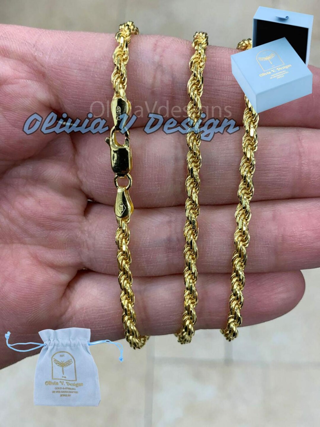 Solid 925 Sterling Silver 14K Gold Plated Italian Rope Chain, 3.20mm ...