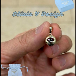 14k Gelbgold Griechisch Evil Eye Anhänger, Dainty Eye - Echtes 14k Gelbgold - Talisman viel Glück, , Schutz, Diamantschliff, rot, 10 mm