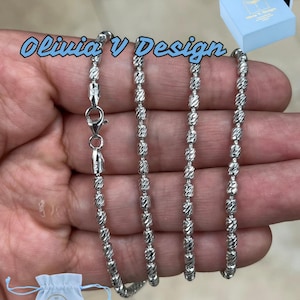 925 Sterling Silver 3mm Moon Cut Oval Barrel Beaded Chain Necklace 18&quot;-30&#39;&#39;, Rhodium, Made In Italy, Genuine 925 Sterling Silver