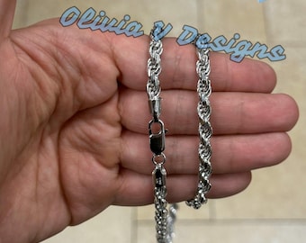 Diamond Cut Sterling Silver Rope Chain Necklace: 5.5mm Italian Rhodium