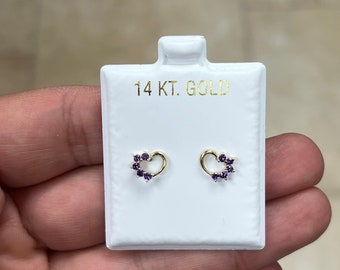 14K Yellow Gold Heart Amethyst Birthstone Stud Earrings, Screw Back, Bolita Back, Genuine 14k Gold, Kids Baby