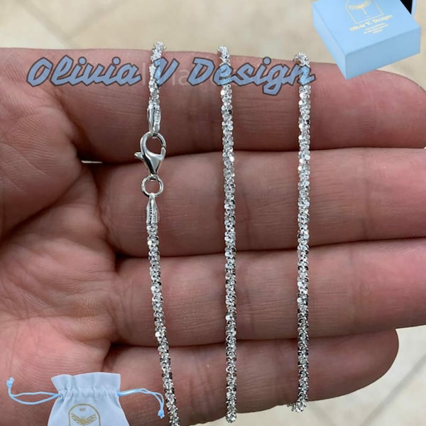 Sterling Silver Sparkle Chain Necklace: Diamond Cut Margarita Rock, Made in Italy