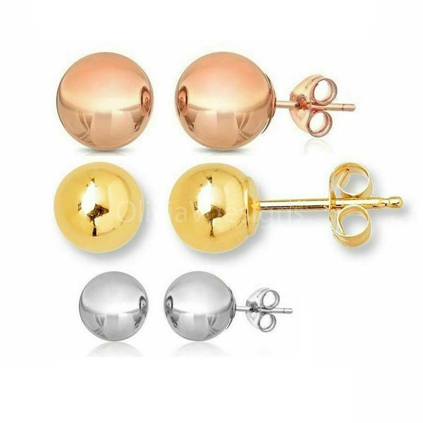 SOLID 14K Gold Ball Ohrringe Gelbgold, Rosegold, Weißgold, 3MM, 4MM, 5MM, 6MM, 7MM, 8MM, Ball Ohrring Ohrstecker, Push Back Studs Frau