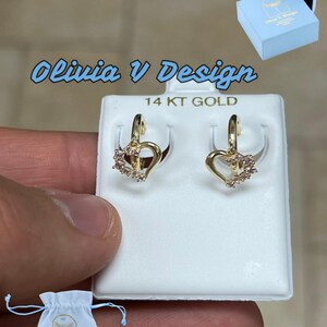14k Solid Gold Rose Heart Huggie Earrings: CZ Pave Cuffs