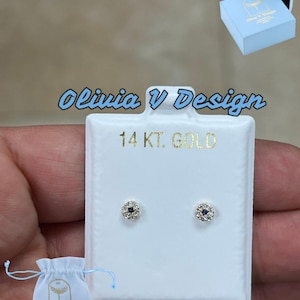 14K Yellow Gold Round Circle Sapphire Round Diamond Birthstone Stud Earrings, Screw Back, Bolita Back, Genuine 14k Gold, Kids Baby