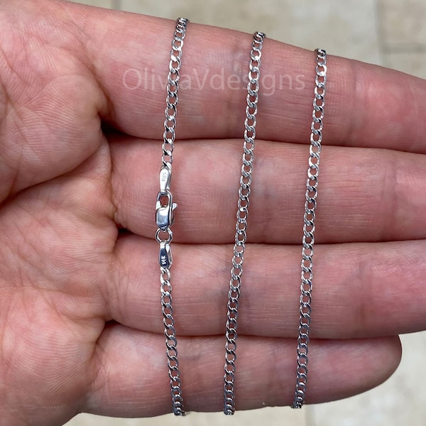 14K Solid White Gold Cuban 2.00MM Link Chain Necklace 16" 18" 20" 22" 24" 26" 28" 30" ,Layering Chain , Everyday Minimal Chain, 14K Gold