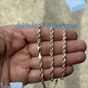 14K Solid Yellow Gold Rope Chain Necklace - 4mm Diamond-Cut