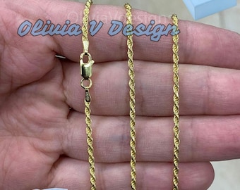 Cadena de cuerda de plata esterlina bañada en oro de 14 quilates: collar italiano con corte de diamante