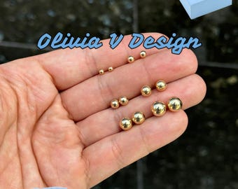 ソリッド 14K ゴールド ボール イヤリング、3 MM、4 MM、5 MM、6