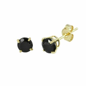 14K Yellow Gold Black Onyx Round Solitaire Stud Earrings , Basket Setting, Yellow Gold, CZ Earrings, 3mm 4mm 5mm 6mm 7mm 8mm, Cubic Zirconia