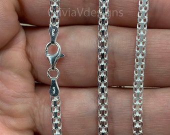 925 Sterling Silver Bismark Bizmark Diamond Cut Chain Necklace Italy 3mm , Lobster Clasp, New, Italy, Gift, Men, Woman