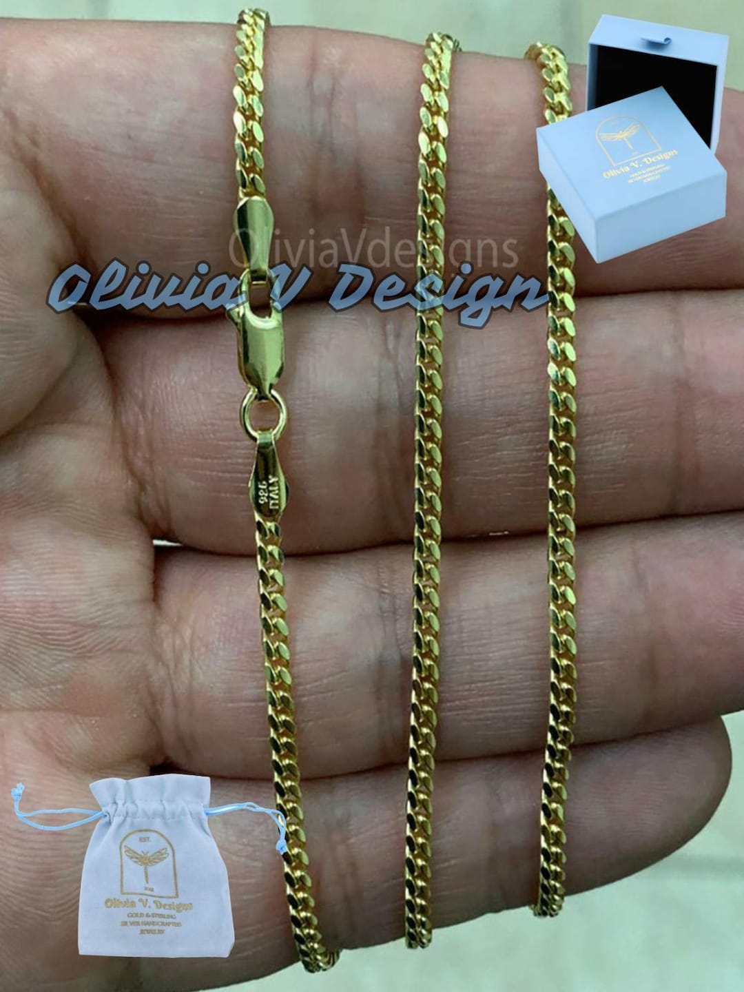 14K Gold Over Sterling Silver Cuban Curb Chain 3mm, 22 Inch
