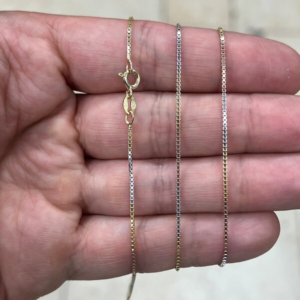 925 Sterling Silver Box Chain Tri-Color 1mm Necklace,  Alternating 14k Yellow Gold & Rose Gold Finish, 925 Sterling Silver