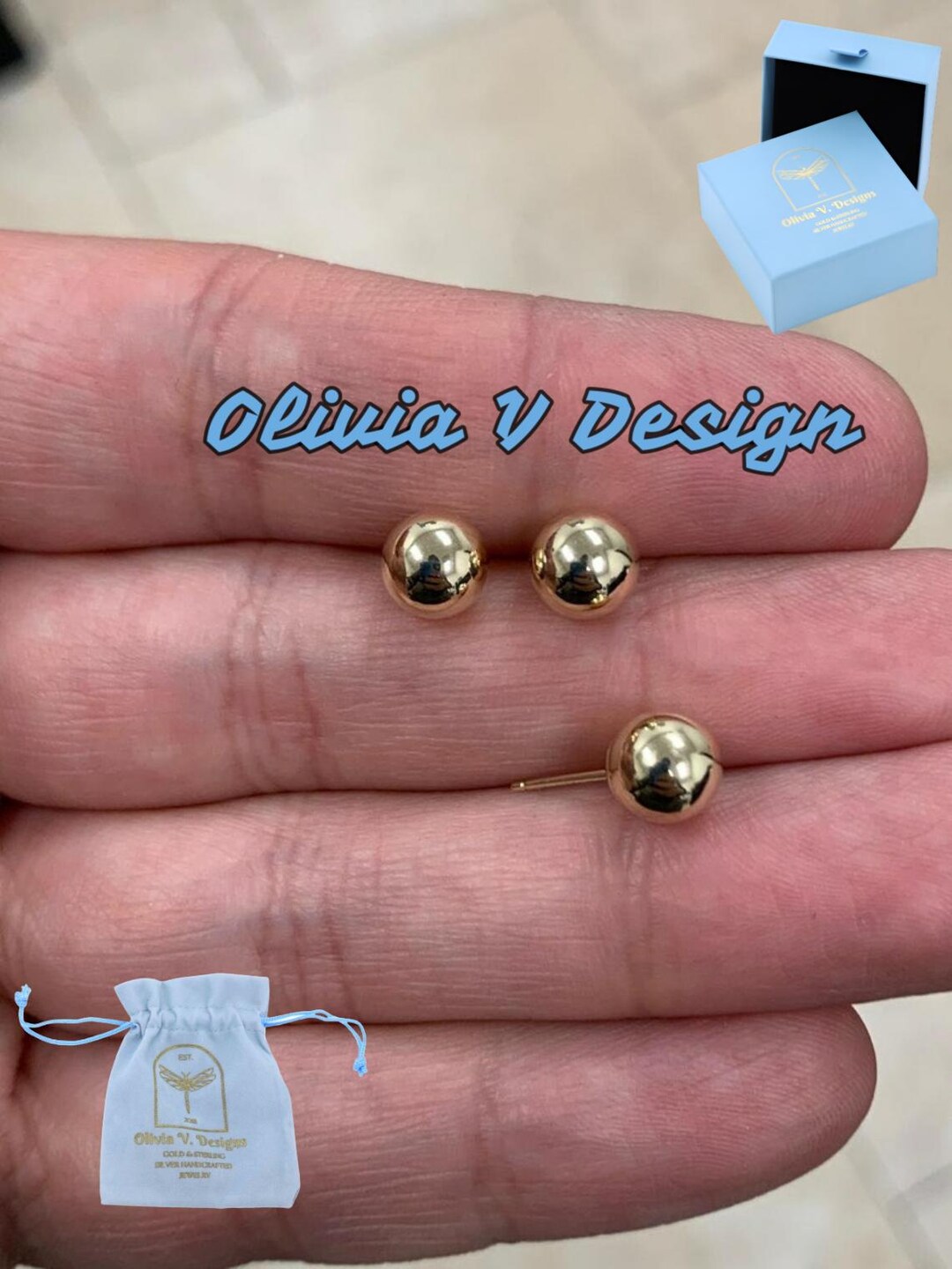 14K Solid Gold Turquoise Ball Push Back Stud Earrings - Lab-Created Turquoise, Round