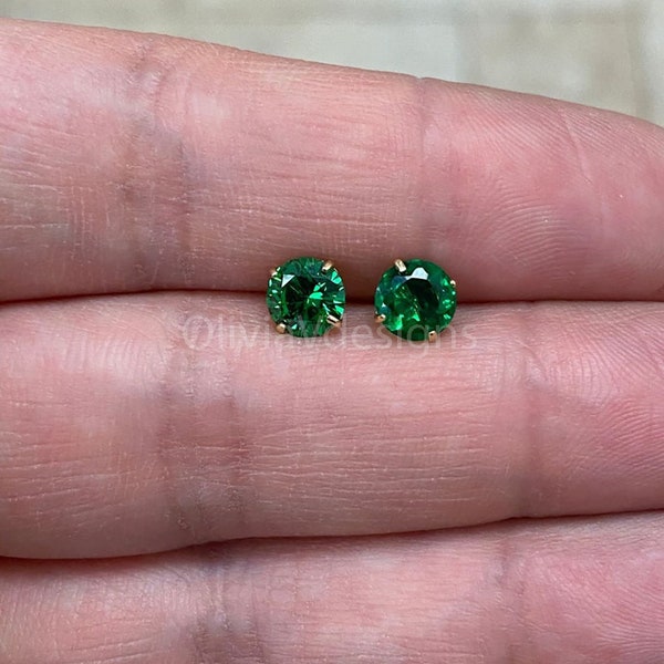 Round 14k Gold Birthstone Stud Emerald  Earrings 6mm, CZ Earrings,Bridesmaid Gift, Dainty Cubic Zirconia Jewelry
