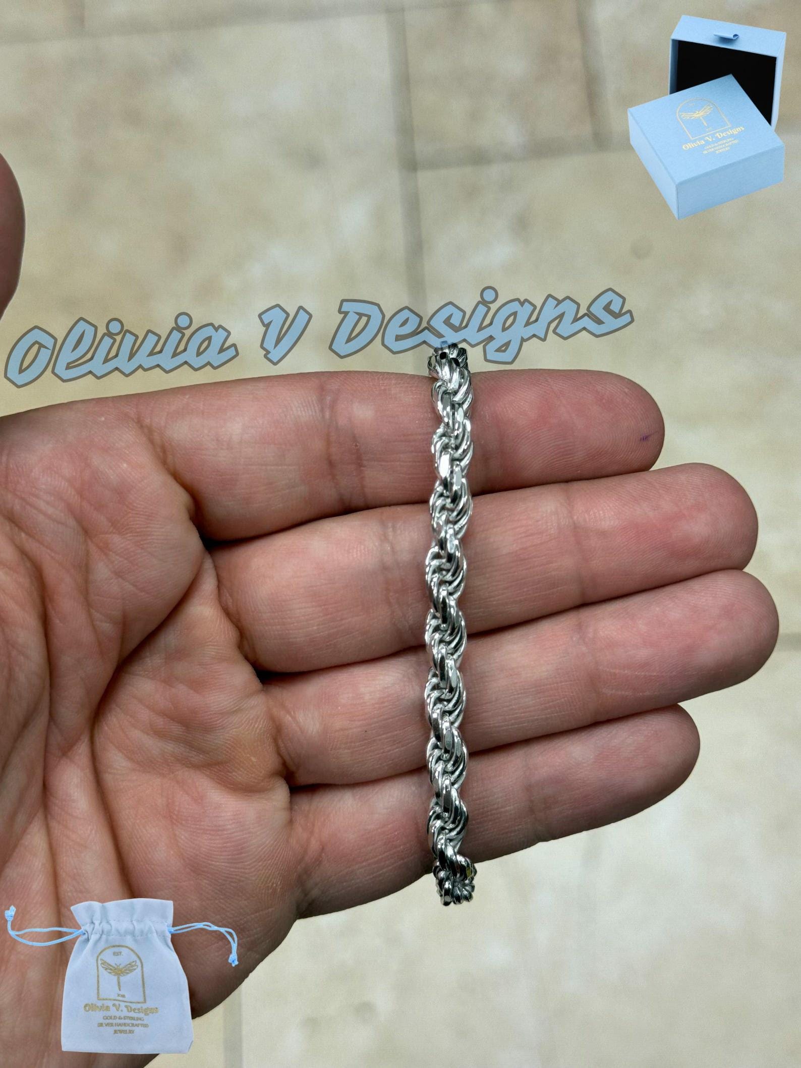 Sterling Silver Italian Rope Chain Bracelet: Diamond Cut, 5.5mm
