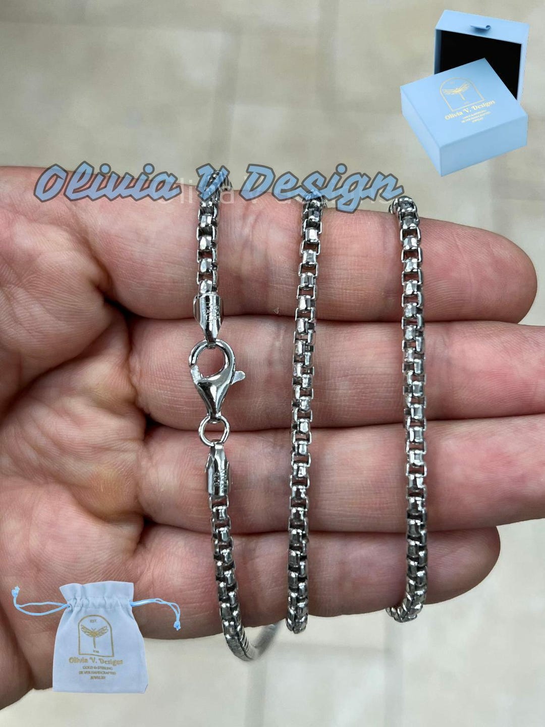 Alfred & Vincent 925 Sterling Silver Men's Box Chain Necklace – 2.5mm, Italian Made, Lobster Clasp