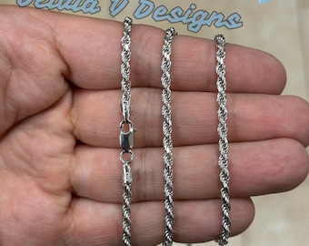 Diamond Cut Sterling Silver Italian Rope Chain Necklace: Rhodium Plated, Anti-Tarnish