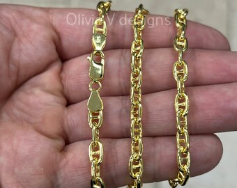 14K Yellow Gold Over 925 Sterling Silver 5mm Puffy Anchor Link Chain Necklace Solid Silver, Men's And Ladies, Puffy Chain, Thick