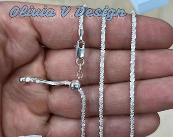Collar de cadena ajustable de plata de ley con brillo: corte de diamante, 24 pulgadas