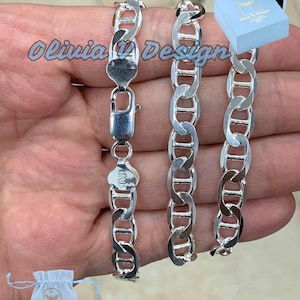 Sterling Silver Mariner Link Chain Necklace: 8mm Flat Marina, Italy