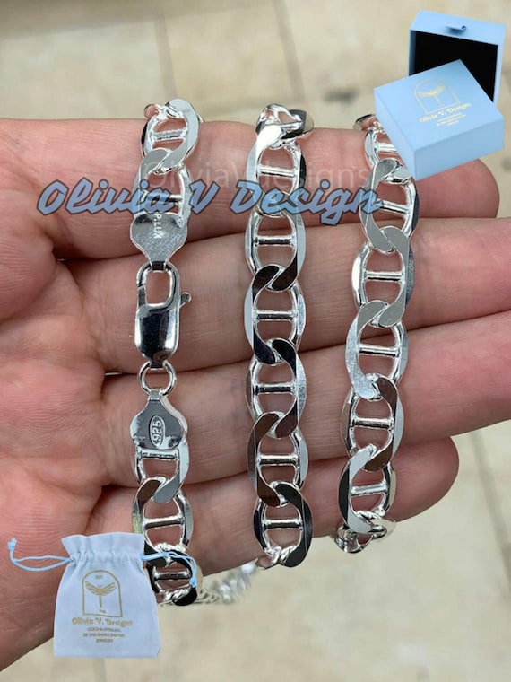 Sterling Silver 9mm Flat Marina Chain Bracelet Mens Womens Sterling Silver 9mm Flat Marina Chain Bracelet Mens Womens