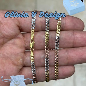 925 Sterling Silver Flat Cuban Tri-Color 3.5mm Necklace, Solid Flat Miami Cuban Curb Chain, Alternating 14k Yellow Gold & Rose Gold finish