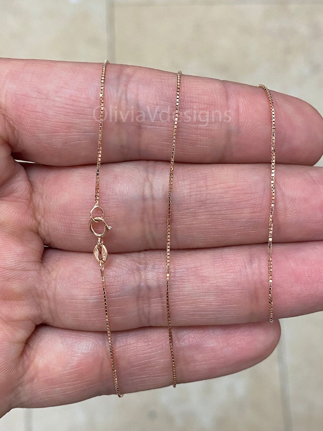 Solid 14K Rose Gold Box Chain Necklace .7mm Delicate Dainty Etsy