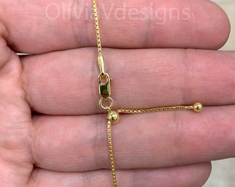 14K Yellow Gold Over 925 Sterling Silver Box  Adjustable 1mm Chain, Silver, Sterling Silver Chain, 925 Sterling Silver, Finished Necklace